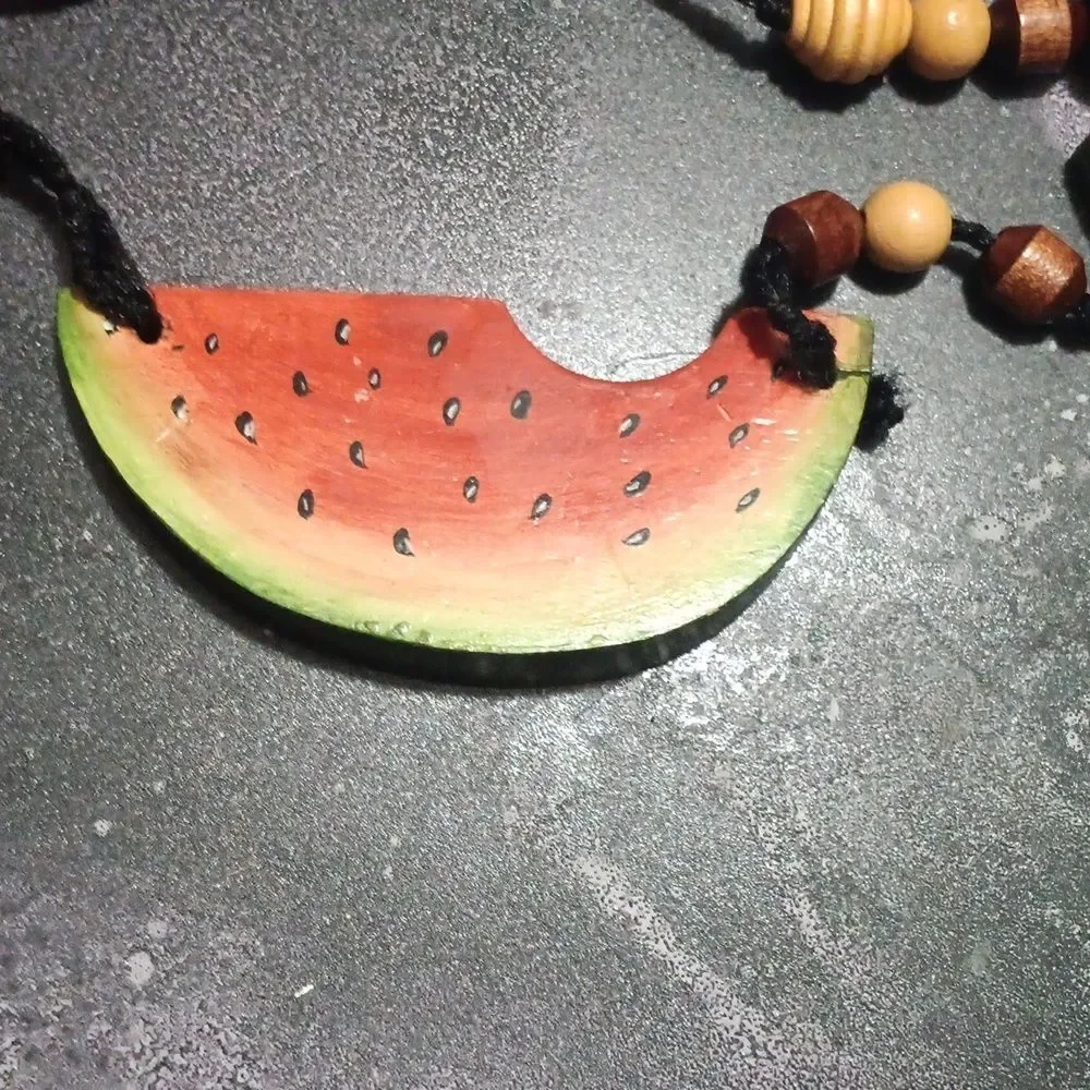 VINTAGE Long Wood Watermelon And Wood Beaded Necklace